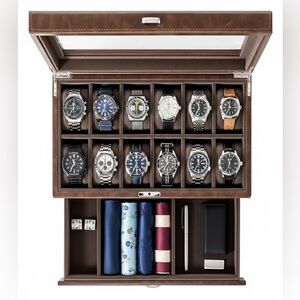 New TAWBURY Watch Box for Men - 12 Slot Watch Case with Storage Drawer Brown
